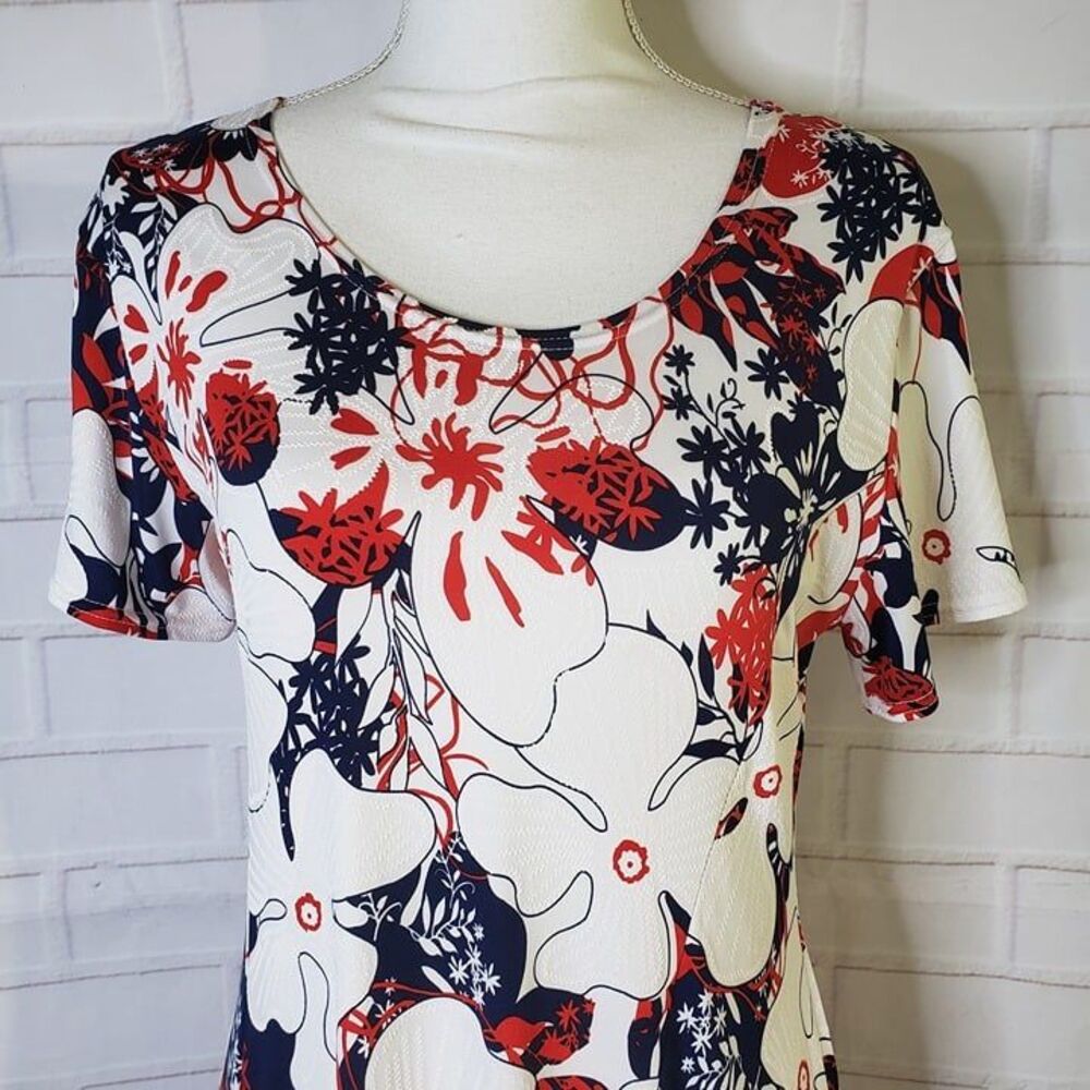 Floral Print Midi Dress - Red, Blue, and White